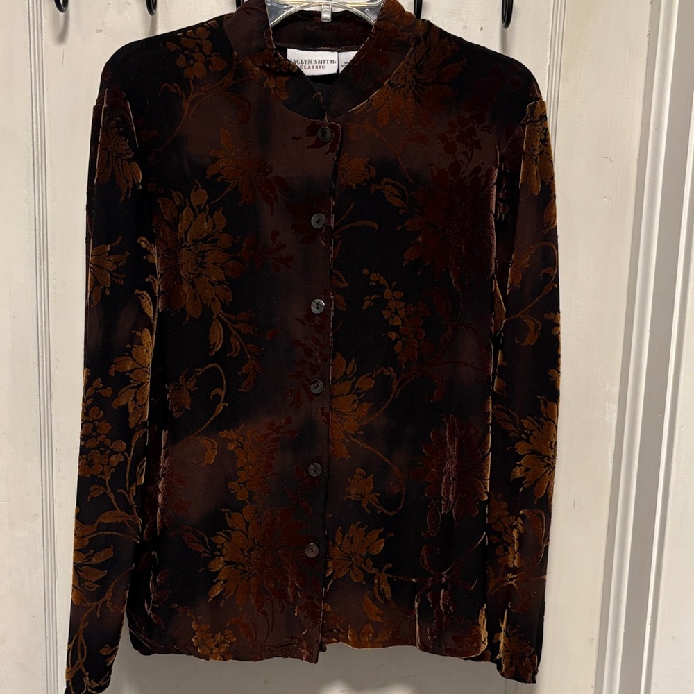 Vintage Floral Velvet Burnt Out Button-Up Blouse Large 90’s Y2K